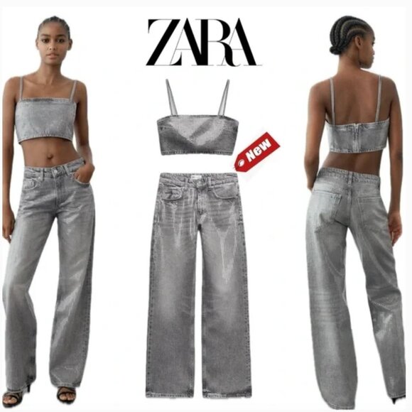 ZARA gray denim clear sequin embellished foil crop top, sz S - Picture 7 of 7